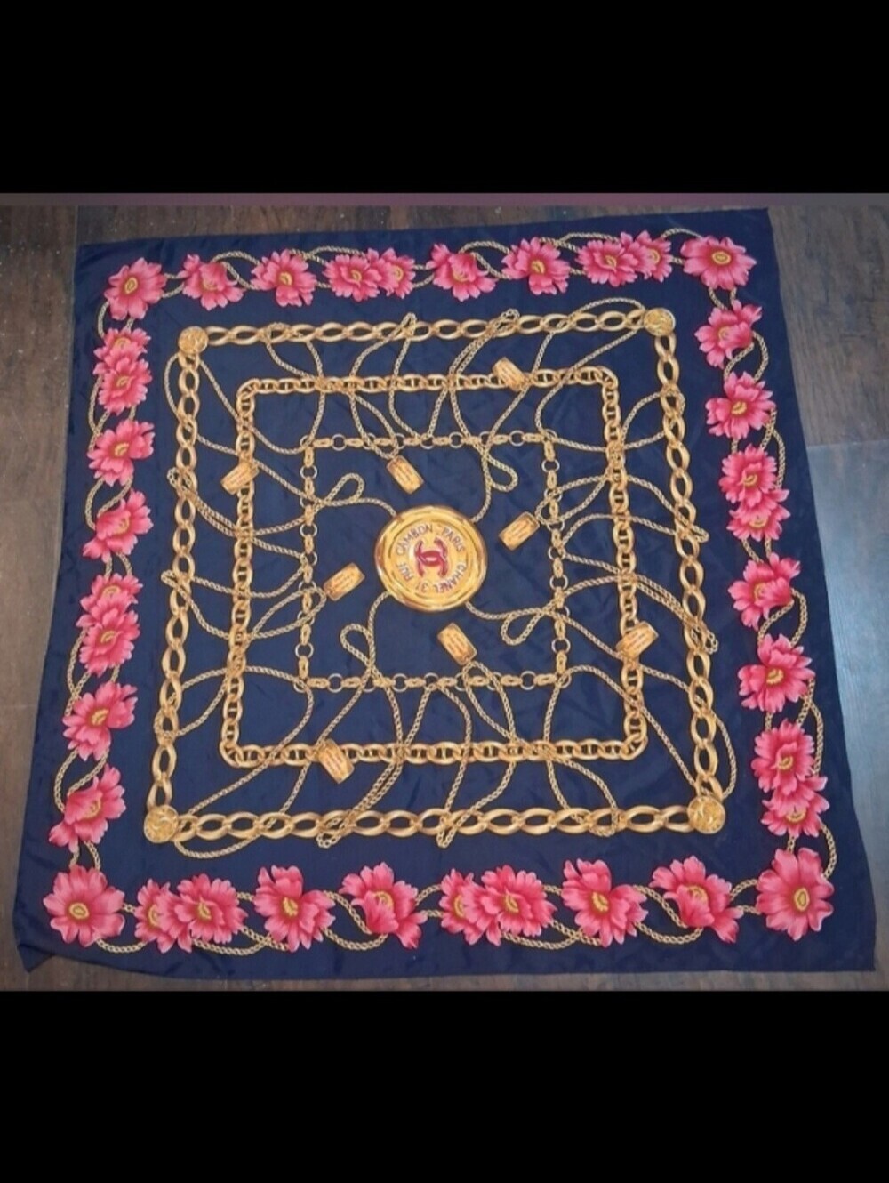 EUC Vintage 90s RARE Chanel 31 Rue Cambon Blue Silk Floral Gold Chain Scarf